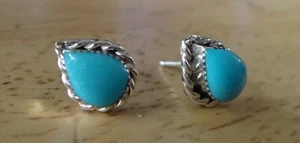 Sterling Silver 7x10mm Teardrop Turquoise Stone Zuni Handcrafted Stud Earrings - Picture 1 of 4