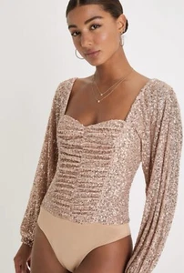 Lulus Sparkly Sweetie Rose Gold Sequin Long Sleeve Bodysuit Size X Small  - Picture 1 of 11