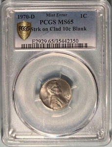 1970-D Lincoln Cent Struck On Dime Planchet Mint Error PCGS MS65 — Off Metal - Picture 1 of 4