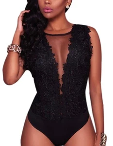 RARITYUS Body sexy in pizzo ricamato con bottoni a pressione in rete trasparente donna M - Foto 1 di 10