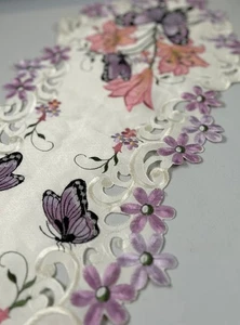 Cutwork White Embroidered Purple Butterflies Lillies Table Runner Floral 68x13 - Picture 1 of 8