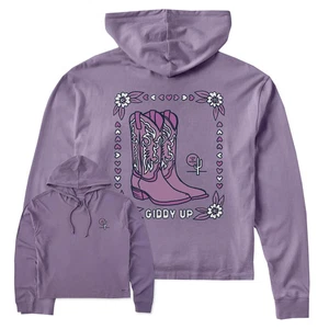 Felpa con cappuccio Life Is Good LS Shirt Crusher Relaxed Boxy maglietta GIDDY UP 47 pollici donna L - Foto 1 di 6