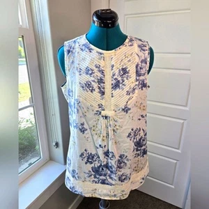 LANDS' END CANVAS ÄRMELLOSE BLUSE BEIGE BLAU GEBLÜMT AQUARELL DAMEN 8 TANK - Bild 1 von 12
