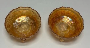 2 VTG Fenton Butterfly Leaf Berry Carnival Glass Footed Dessert Bowls Marigold - Picture 1 of 8