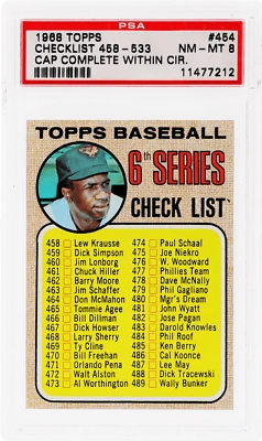 1968 Topps Frank Robinson Checklist 458-533 Cap Complete Within Circle PSA 8 - Image 1 of 2
