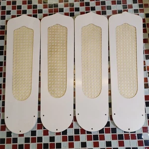 READ ~ Vtg WHITE Ceiling Fan Blades Cane Caning Inset Wicker Set Of 4 - Picture 1 of 23