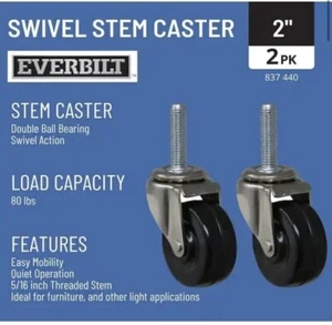 (2-Pk) Everbilt Light Duty Threaded Stem Casters Hard Rubber 2" 837440 - Picture 1 of 4