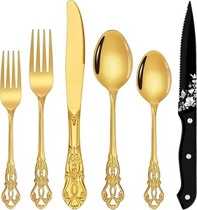 Gold Silverware Set, Ollex 48-Piece Retro Royal Gold Flatware Set for 8 - Picture 1 of 6