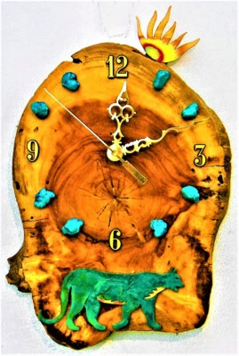 Mountain Lion w/ Sunburst & Turquoise Stones Cabin Styl  13" x 8.5" x 1.5" clock - Image 1 of 4