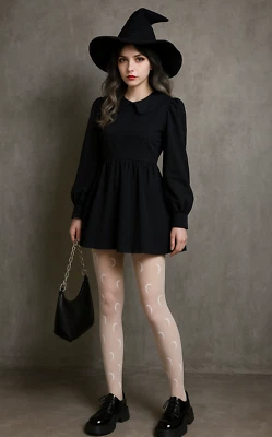 Women Retro Crescent Moon Gothic Goth Celestial Pantyhose Sheer Stockings Tights - Image 1 of 4