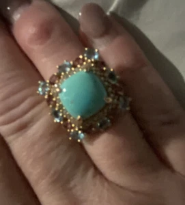 Vintage Retired 14K Gold LeVian Turquoise, Blue Topaz & Pink Sapphire Ring Sz 7 - Picture 1 of 9
