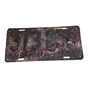 Vintage 1938 Virginia Collectible License Plate Original Tag # 373 859 Man Cave  - Picture 1 of 3