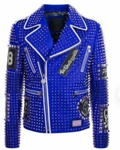 Chaqueta de cuero unisex hecha a mano Philip Plein AZUL completa con parches bordados con tachuelas - Imagen 1 de 3