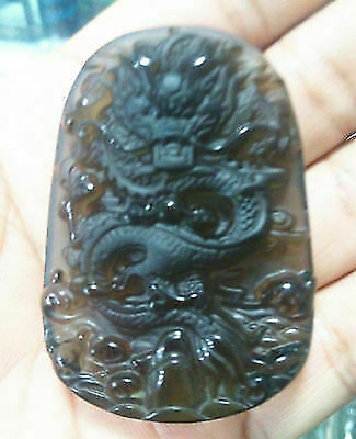 Chinese Hand-Carved Dragon Grade A Natural Icy Obsidian Jade Gems Pendant New • 17.31$