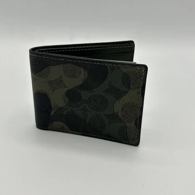 Coach Slim Billfold Wallet Camo Green Signature Canvas Leather Mens CZ263 - Image 1 of 4
