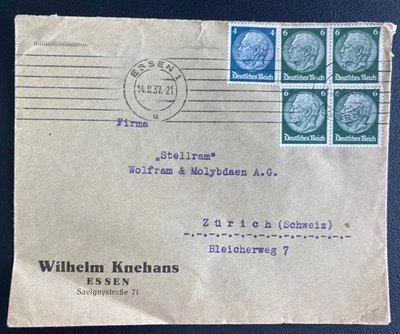 1937 Essen Germany Commercial Cover To Zurich Switzerland - Image 1 of 2