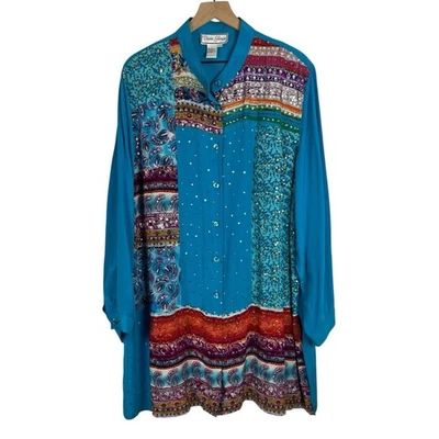 Vintage 100% Silk Multi-Print Full Button Tunic Top Blouse Diane Gilman Blue 3X - Image 1 of 4