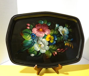 Vintage schwarz Metall Tablett bunte Blumen russisches Design 17 1/2" x 11 1/2" - Bild 1 von 15
