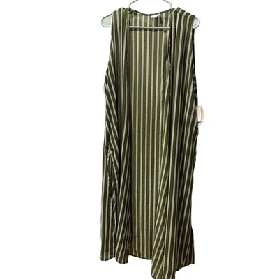LuLaRoe Joy Kimono Vest Olive Green White Stripe Duster Size L NWT - Image 1 of 4
