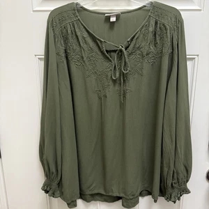 Camisa Top Knox Rose Para Mujer Manga Larga Boho Bordada Talla XXL Verde Oliva - Imagen 1 de 9
