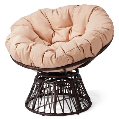 Silla Giratoria Exterior 32 pulgadas Forma Radar Marrón Oscuro Ratán Beige Cojín Huevo Silla Foto 1 de 4