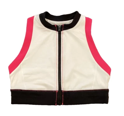 Top deportivo liso y a rayas blanco con ribete rosa y negro cremallera frontal espalda deportiva S Foto 1 de 3