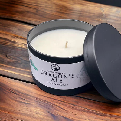 DRAGON'S ALE -  Handmade 8oz Black Tin Candle  - Citrus/Fruity/Musk - Image 1 of 2