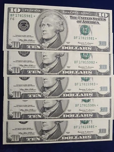 🌟(5) $10 1999 *BF* Star Federal Reserve Notes Sequential Serial #s UNC - Picture 1 of 2