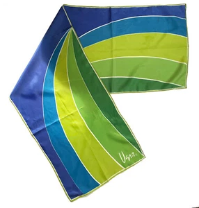 VERA NEUMANN Oblong Scarf Blue Green Wavy Supergraphics 13" x 45" Vintage ’70s - Picture 1 of 11