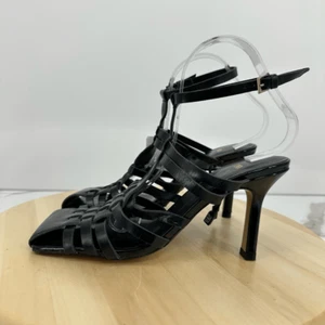Zara Womens US 8 Leather Woven Sandals Heels Black Square Toe Minimalist Trendy - Picture 1 of 13