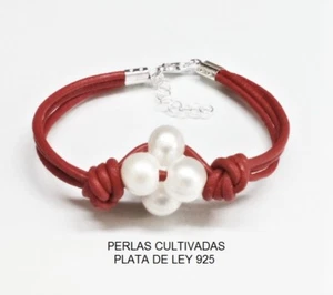 Bracelet Silver Sterling 925, 4 Pearls Cultivated 10 MM and Leather Rojo. Mod - Picture 1 of 3