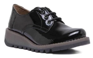 Fly London Simb K Niños Zapatos de Piel con Cuña en Negro Charol Talla UK 10-2 - Imagen 1 de 12