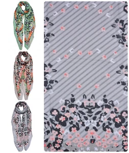 Summery Floral with Stripe Edge Ladies Head Scarf Women Shawl Neck Warmer 6360 - Foto 1 di 7