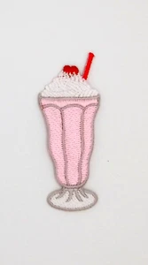 Pink Milkshake Embroidered Iron on Patch Applique/Whipped Cream/Cherry/3 X 1.18 - Picture 1 of 1