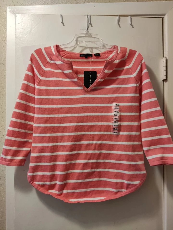 Blusa para mujer Jeanne Pierre rosa tejida a rayas manga 3/4 talla S. P-T-P:18 pulgadas Foto 1 de 3
