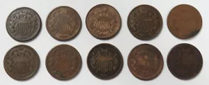 (10) 1864 - 1866 UNITED STATES 2 CENTS CIRCULATED COIN LOT - Picture 1 of 2