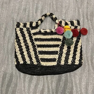 Billabong Talk To The Palm Black Striped Pom Pom Beach Tote Bag - Picture 1 of 7