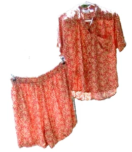 2-Piece Red & Green Cool Lightweight Elastic Waist Walking Shorts Outfit L - Picture 1 of 4