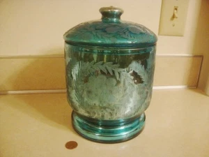 Precioso tarro vintage de vidrio azul mercurio con tapa grabado patrón floral ¡PESADO! - Imagen 1 de 11