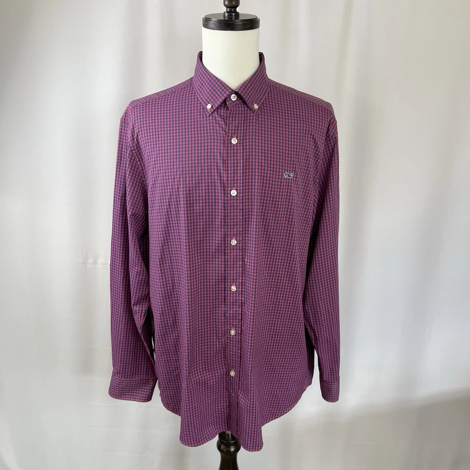Vineyard Vines Long Sleeve Button Down Whale Shirt Pink/Blue Gingham Men's XL - Image 1 of 4