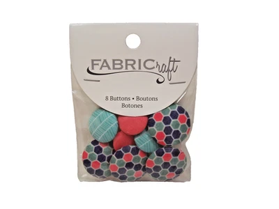 Geometric and Solid Fabric Buttons x 8 Pieces Shank-Back Blue Coral Pink B58 - Image 1 of 4