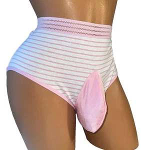 PINK WHITE STRIPE FULL BRIEF BIKINI SISSY POUCH PANTIES XDRESS MEN 32-44 1X - Picture 1 of 2