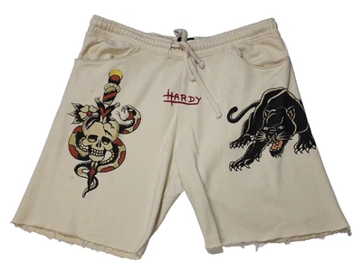Pantalones Cortos Ed Hardy Para Hombre XL Polar Tatuaje Calavera Serpiente Pantera Marfil Sudor Foto 1 de 4