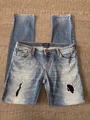 Jeans Armani AJ Lotus para mujer 28 desgastados ajustados de mezclilla azul rasgado Foto 1 de 4