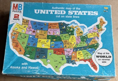 MB Vintage Puzzle Authentic Map Of The United States Double Sided 1975 Complete - Image 1 of 4