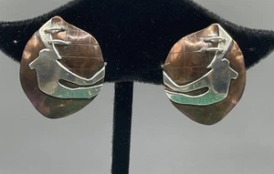 Copper and Sterling Silver Artisan Abstract Signed Stud Earrings - Picture 1 of 6