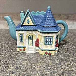 Cracker Barrel Victorian House Ceramic Teapot Blue Green Beautiful Vintage 1998 - Picture 1 of 23