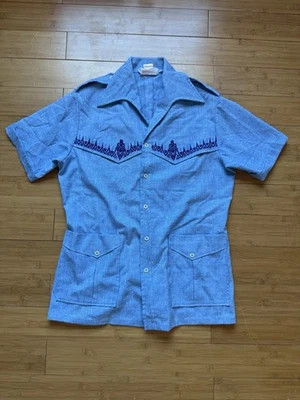 Vtg 70s Iolani Hawaii Tiki Tribal Print Tapa Shirt Pointed Collar Size Large - Image 1 of 4