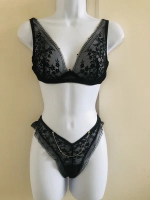 RRP £ 68,00 NOVO COM ETIQUETAS LINDO Intimissimi Preto Transparente Bralette & Calcinha Conjunto UK34B/Pequeno - Imagem 1 de 4