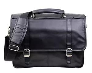 NEW PROTOCOL BLACK GENUINE LEATHER LAPTOP SHOULDER MESSENGER BAG BRIEFCASE - Picture 1 of 14